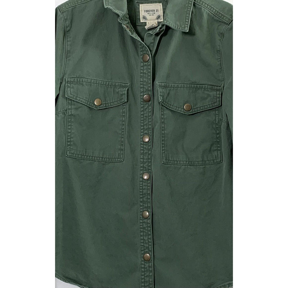 FOREVER 21 MIlitary Jacket Womens Small Green Snap Up Front Pockets Long Sleeve - Picture 2 of 7